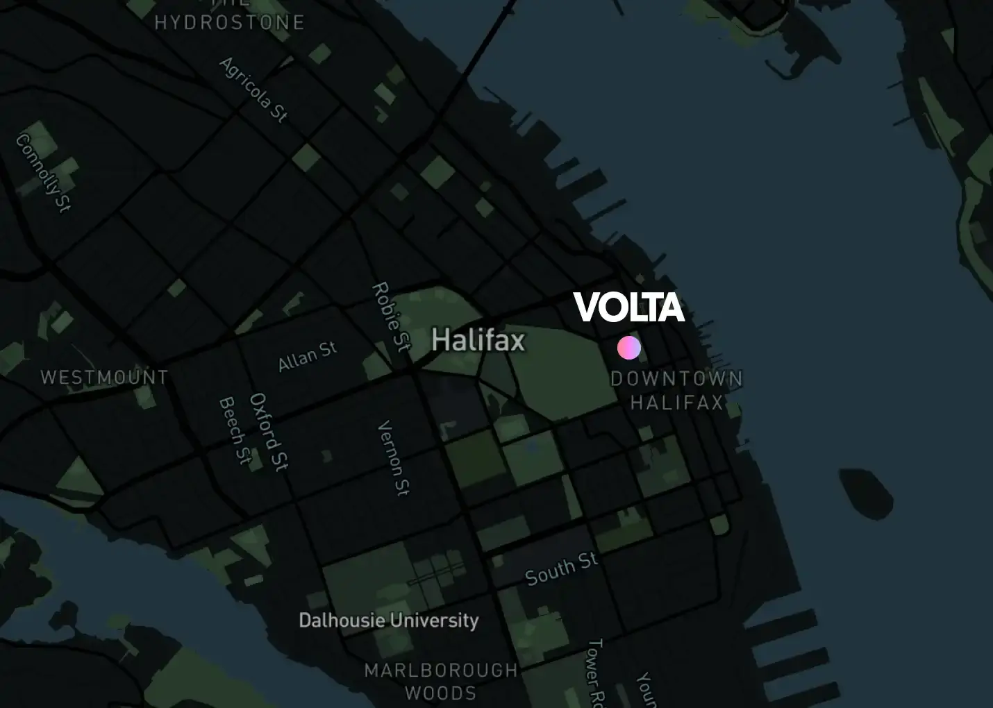 Map showing Volta's location at 1800 Argyle Street, Halifax